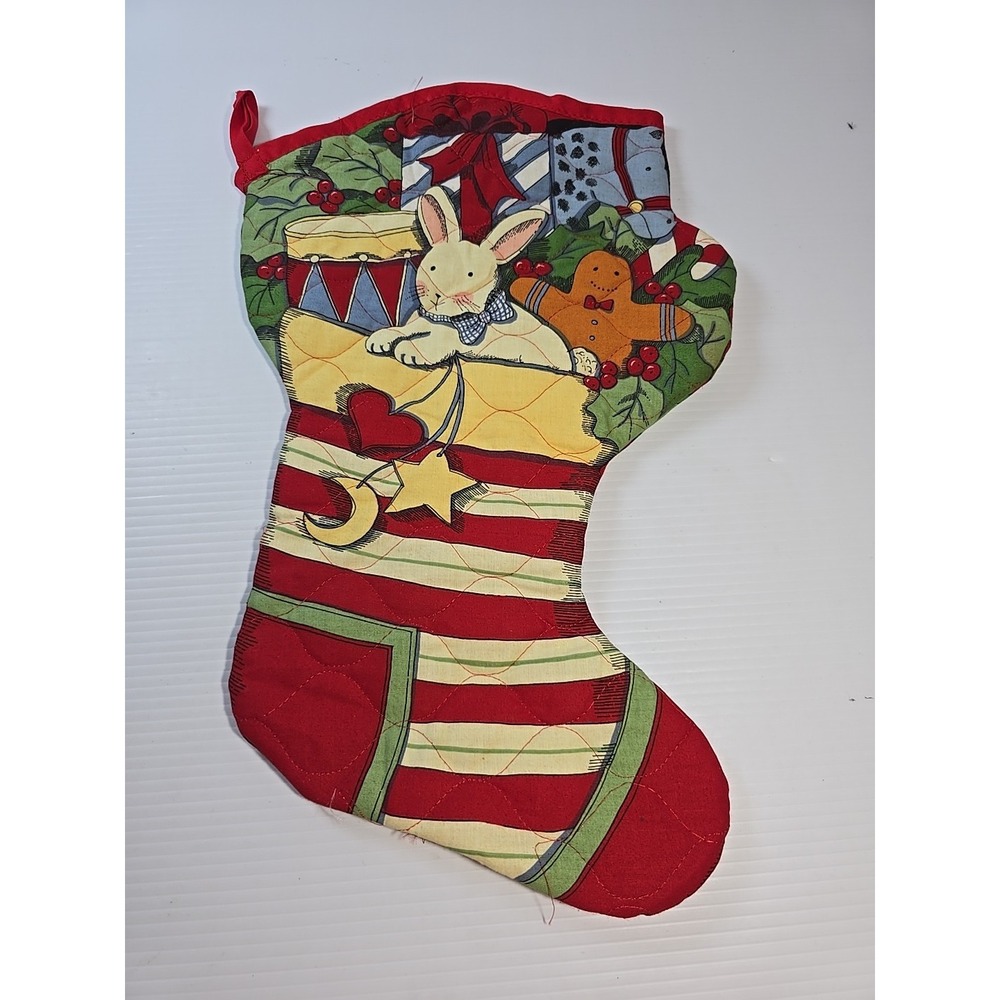 Vintage  Machine Quilted Christmas Stocking w/ Holly and Bunny Doll 19" X 12"